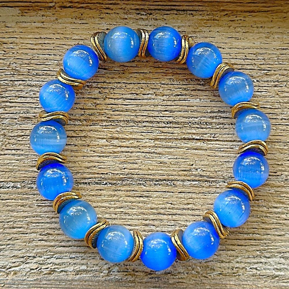 Handmade blue cat eye 8mm beaded bracelet with gold filled wavy spacer bead
